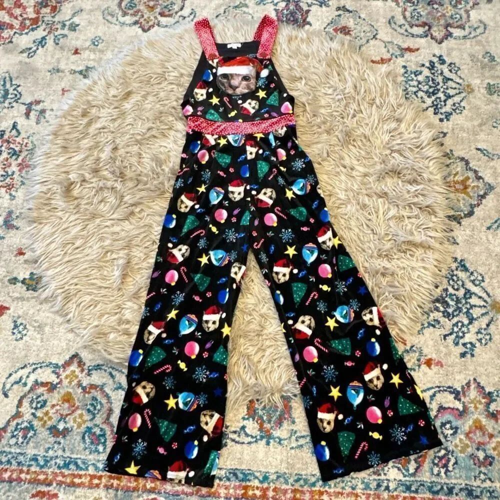 Cat funky ugly Christmas sweater overalls XS